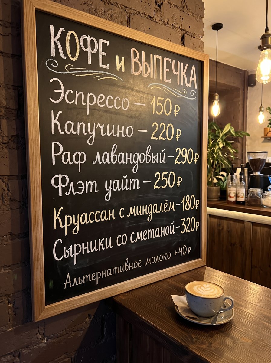 Меню на меловой доске от Nano Banana 2.1: все позиции и цены на русском без ошибок