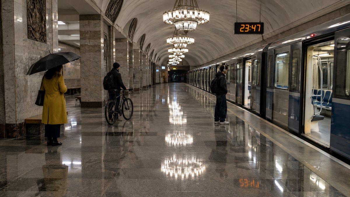 GPT Image 2.5: станция метро, женщина в жёлтом пальто под раскрытым зонтом, яркие отражения люстр в полу